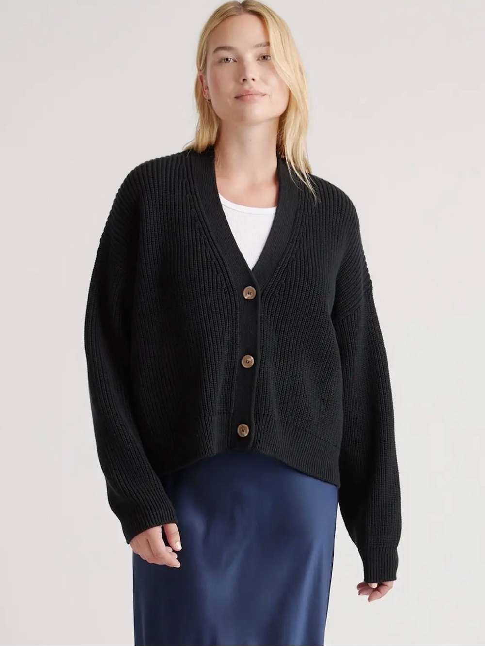 EUC | Quince 100% Cotton Fisherman Boxy Cropped Cardigan | Size Medium | Black - Picture 1 of 5